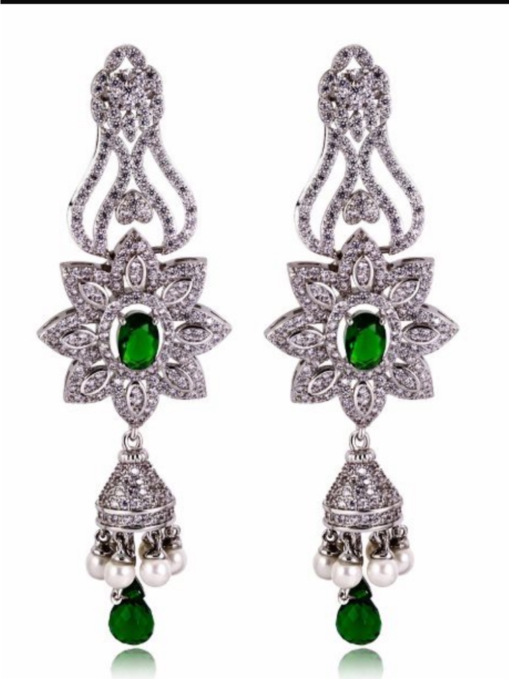 Sterling Silver Floral Drop Earrings with Green Gemstones